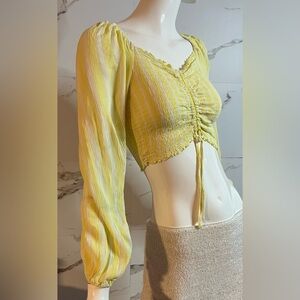 NOBO Yellow & White Striped Tie-Front Crop Top Ruched Long Sleeve Size L Fitted